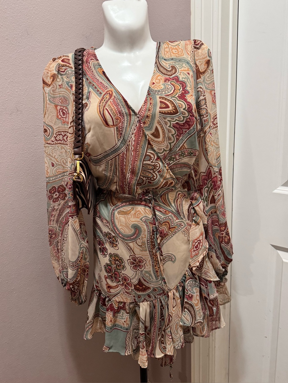 Aakaa Paisley Wrap Long Sleeve Mini Dress in Beige & Rust
